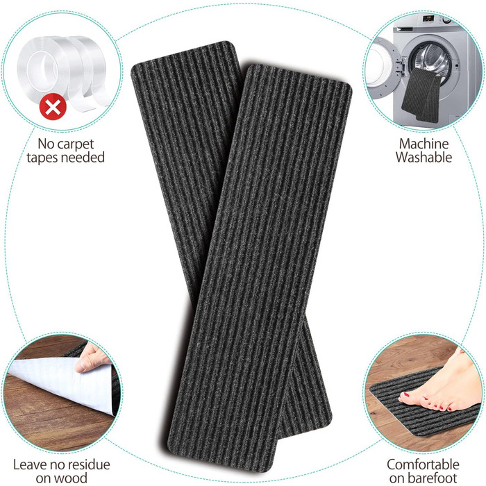 Килимок на сходи ToStair, 76x20 см (15 шт.) Антиковзка підкладка для сходів, захист для дерев'яних ступенів, килимки для дому для дітей, літніх людей та собак, чорний