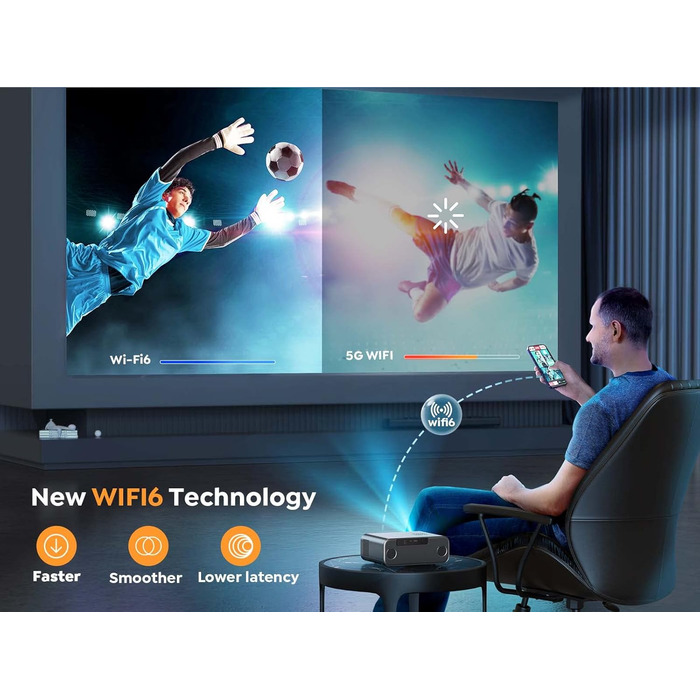 YABER Проектор для домашнього кінотеатру, 1080P Full HD, підтримка 4K, автофокус та корекція Keystone, WiFi 6, Bluetooth, портативний, для вулиці, діагональ екрану 300 дюймів, сумісний зі смартфоном/Fire TV Stick/PS5 (низька яскравість)