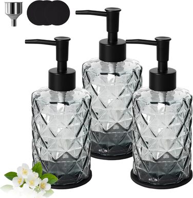 Набір з 3 скляних дозаторів для мила Omtofo, 330 мл, чорний, з нержавіючою сталею, для ванної кімнати