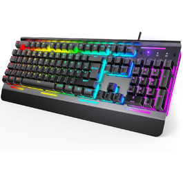 TECKNET RGB ігрова клавіатура для ПК, мембранна, 105 клавіш, повний металевий корпус, підставка для зап'ястя, 15 зон RGB підсвічування, 25 антиблінд, клавіатура для комп'ютера, німецька розкладка (QWERTZ)