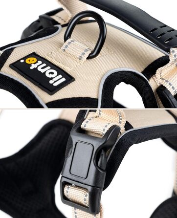 Нашийник для собак Lionto, м'який нейлон, розмір S, анти-тяга, 2 кільця, 4 регульовані ремінці, 2 застібки, гумовий хват, бежевий