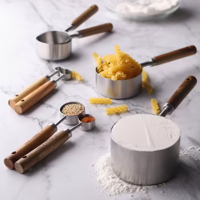 Stainless Steel Measuring Cup and Spoon Set - Measuring Cups and Spoons with Wooden Handle for Dry and Liquid Ingredients