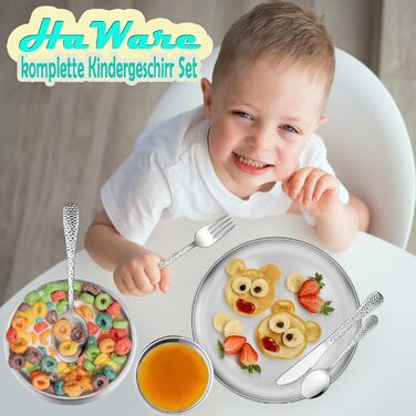 Набір дитячого посуду Kindergeschirr Set, 7-piece, нержавіюча сталь, для дітей від 3 років: виделка, ніж, ложка, тарілка, миска, чашка. Безпечний, придатний для миття в посудомийній машині.
