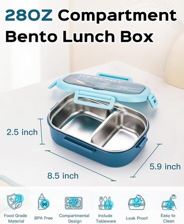 Ланчбокс Lille Home Bento з нержавіючої сталі, 850 мл, 2 відділення, витікання, з сумкою та столовими приборами, BPA-free (Світло-блакитний)