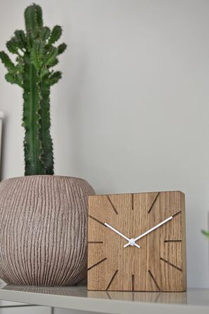 Oak Wall Clock, Table Clock, Desk Clock - Beam - Solid Wood Design 17 x 17 cm (Smoked Oak, Black Hands, Radio Clock Movement)