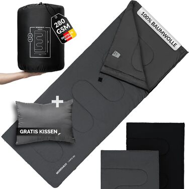 MONTARAY® 100% Cotton Sleeping Bag - Warm Outdoor Winter & Summer Sleeping Bag for 3-4 Seasons - Includes Pillow - Hut Sleeping Bag for Men & Women (75x190cm) - Grey