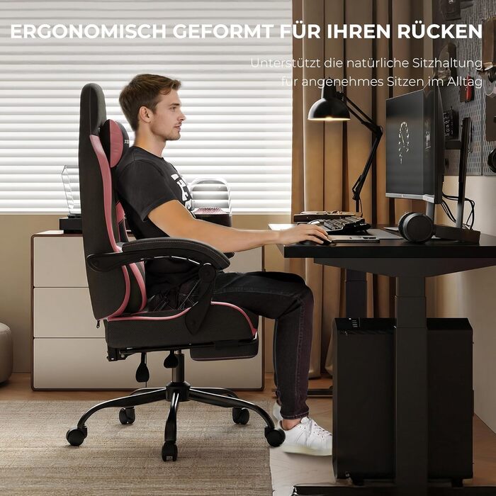 Геймерське крісло Nexthra Ergonomisch з підставкою для ніг, до 180 кг, рожеве. Офісне крісло для геймінгу та роботи, з регульованою спинкою 150°