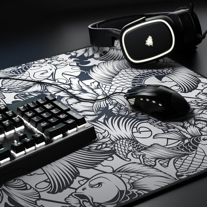 Ігровий килимок для миші TITANWOLF XXL Speed Gaming Mousepad, 900x400мм, чорний, дизайн Koi — великий килимок на весь стіл для підвищення точності та швидкості