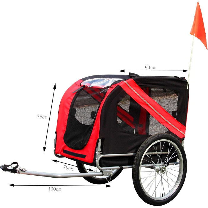 Причіп для собак Wiltec 220x700x78 см з безпечною муфтою, причіп для вантажів з москітною сіткою та захистом від дощу, чорний/червоний