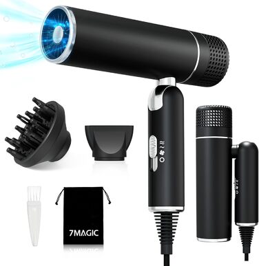 Фен 7MAGIC з концентратором, компактний для подорожей, 1600W, з іонізацією, захист від перегріву, для всіх типів волосся, зелений (з аксесуарами)