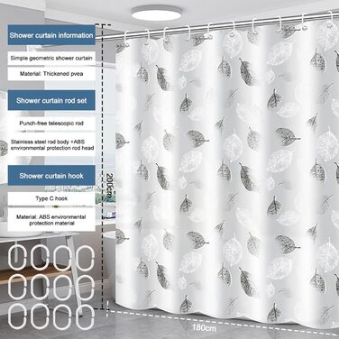 Шторка для душу 180x200 см антигрибкова, водовідштовхувальна, швидко сохне, текстиль, пральна машина, 12 гачків для ванної кімнати