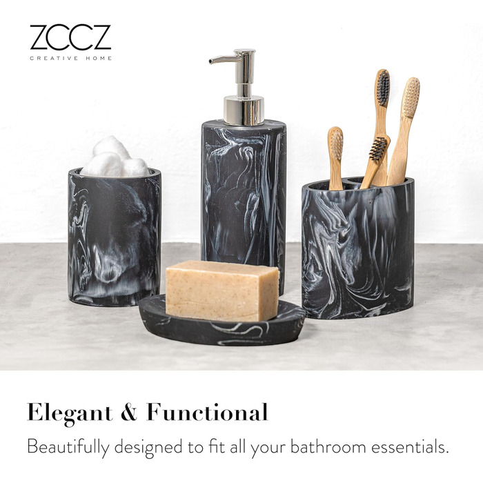 Набір для ванної кімнати ZCCZ: 4 предмети (тримач для зубних щіток, дозатор мила, мильниця, стакан для зубних щіток) – чорний мармур, елегантне зберігання косметики