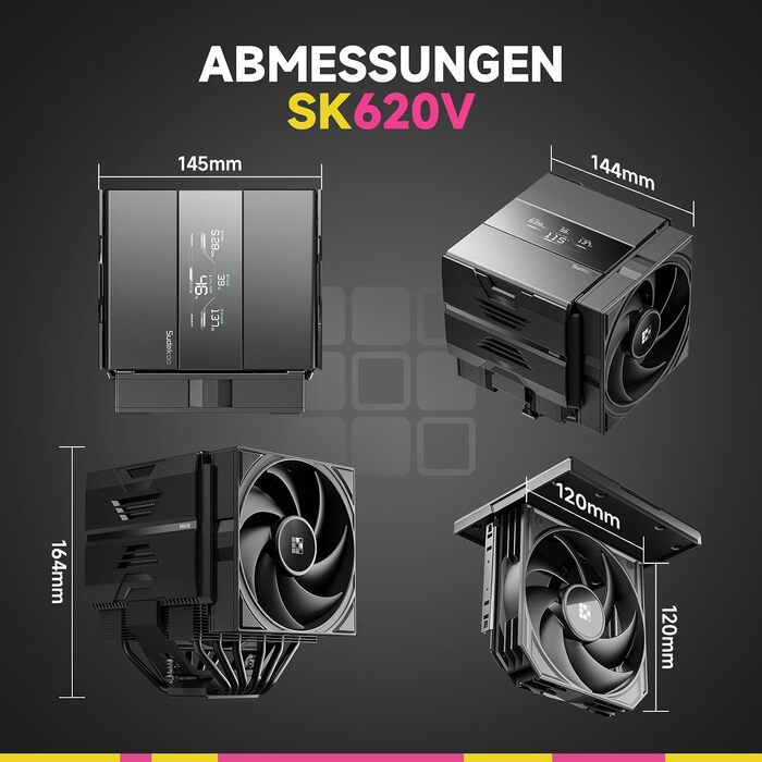 Кулер для процесора Sudokoo SK620V AM5: двосекційний башта (Dual Tower) з цифровим дисплеєм, 6 тепловими трубками та 2 PWM FDB вентиляторами 120мм