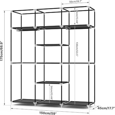Wardrobe, Fabric Wardrobe for Bedroom, Fabric Closet, Large Storage Space, Sturdy Wardrobe, for Bedroom, Dressing Room, 150x45x175cm, (Black)