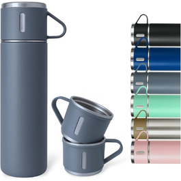 Термофляга 500 мл з нержавіючої сталі – 2 чашки з ручкою – не протікає, BPA-free – з щіткою для чищення – сірий колір