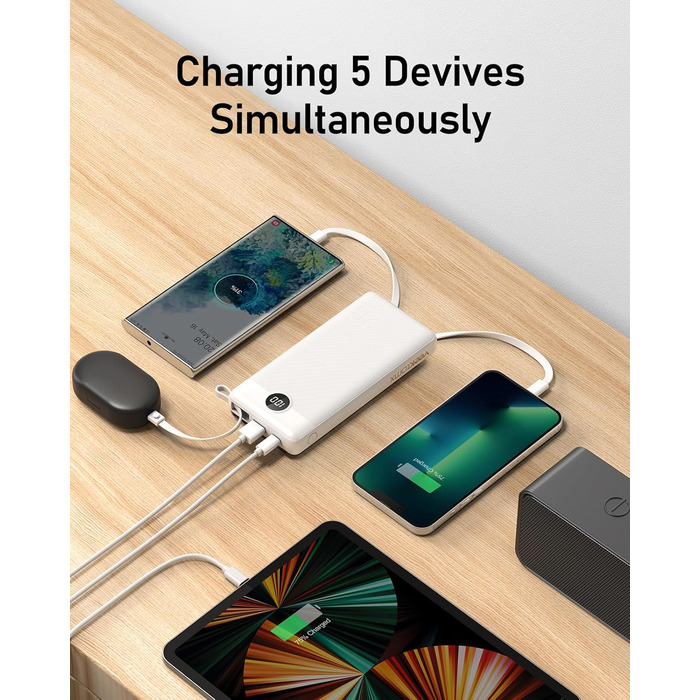 Power Bank VEEKTOMX 20000mAh з 5 виходами та 2 входами, білий. Портативний акумулятор для iPhone, iPad, Samsung, Xiaomi, Google Pixel