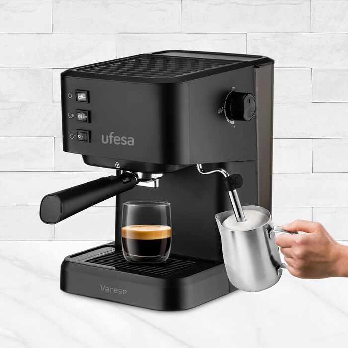 Ufesa Sienna Espresso Machine and Cappuccino Semi-Automatic Machine with Milk Frother, 20 Bar Pressure, Digital Touch Panel, 1360W, for Coffee Grounds or ESE Pads, 0.9L Water Tank, Silver (1050W | BLACK)