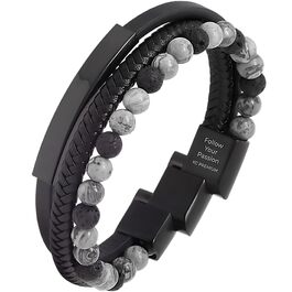 Чоловічий шкіряний браслет з тигровим оком та лавовим каменем | Ручна робота, гравірування, регульований магнітний замок | Чорний, коричневий, синій, срібний | Подарункова коробка