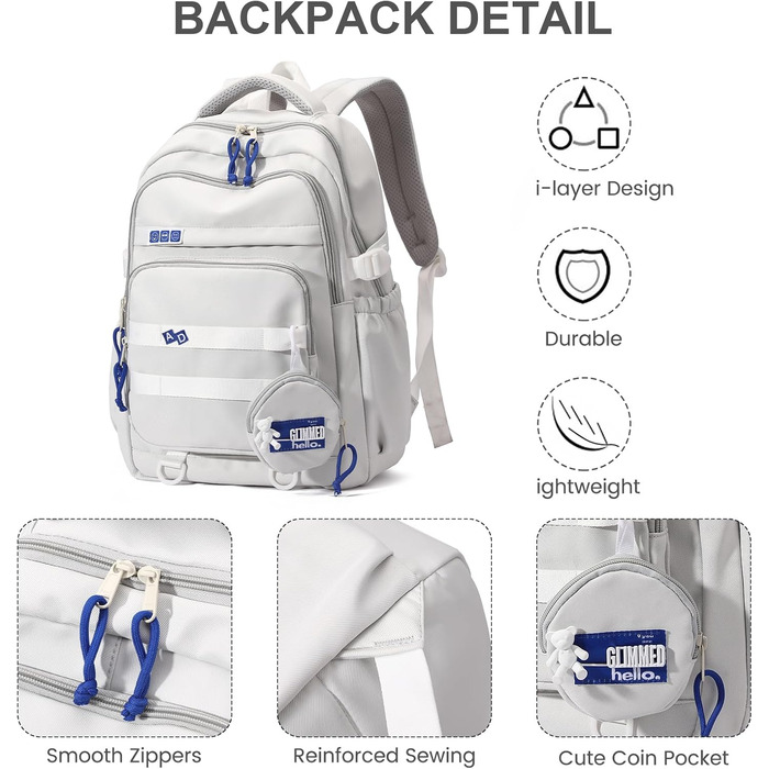 Шкільний рюкзак для дівчаток-підлітків, водонепроникний, легкий, великого об'єму, модний рюкзак для школи або подорожей (світло-сірий)