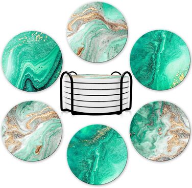 Dooke Coasters for Drinks, round, absorbent ceramic stone coasters with cork base, fun turquoise marble drink coasters