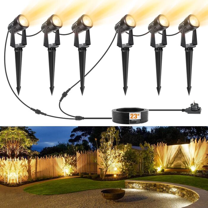 NIORSUN Garden Lighting LED, Warm White 3000K LED Spotlights, IP67 Waterproof Garden Spotlights, 23 m 27 V Garden Lights with Adapter, Outdoor Garden Lamps for Garden, Yard, Trees (6-Pack)