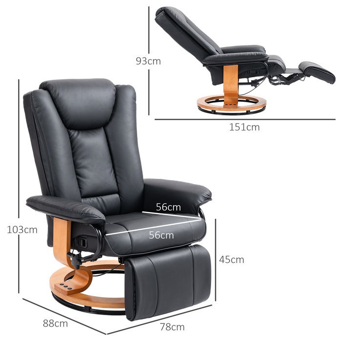 HOMCOM Recliner Chair, Swivel TV Chair with Reclining Function and Footrest, Holds up to 150 kg (220 lbs), Faux Leather TV Chair in Black for Living Room