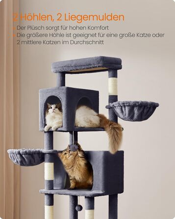 Дім для кота Feandrea, 175 см, XL, багатоярусний, з 2 печерами, 2 лежаками, 5 стовпчиками для дряпання, щіткою для котів, великою платформою, PCT182G01 (XXL, 59 x 48 x 190,7 см, темно-сірий)
