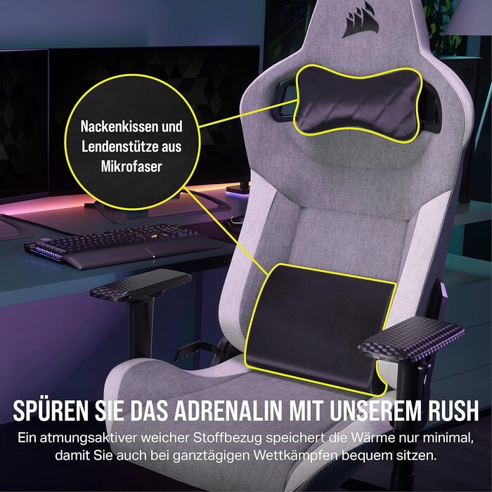 Ігрове крісло Corsair T3 RUSH 2023, тканинне, знімна подушка, підтримка попереку, сіро-біле, натхнення автоспортом, м'який матеріал, для геймерів