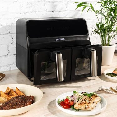 Двокамерна аерофритюрниця Petra PT5196GWVDE 7,6 л, без олії, 1700 Вт, подвійна шухляда з оглядовими вікнами, антипригарні кошики, 10 програм