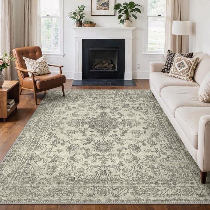 Килим GENIMO Boho Vintage, 160x230 см, короткий ворс, антиковзаюча поверхня, для вітальні, спальні, їдальні, офісу, колір: ніжно-сірий