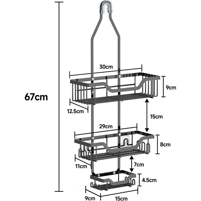 Поличка для душу без свердління, чорна. Настінна поличка для душу з 3 кошиками для шампуню та гелю для душу (Стиль B)