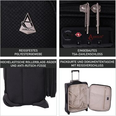 Розширюваний валіза Aerolite 55x40x20/23 см – ручна поклажа для Lufthansa, Eurowings, Condor, SunExpress, TUI (Чорний)