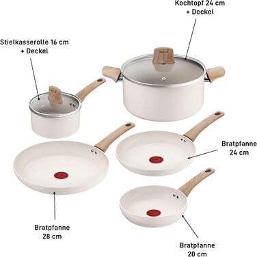 Набір посуду Tefal Cera Bright On 7 предметів: сковороди 20/24/28 см, каструля 16 см, каструля 24 см + кришки. Керамічне антипригарне покриття, алюмінієвий корпус (перероблений), індикатор нагріву Thermo Signal, для всіх типів плит, Бежево-сріблястий