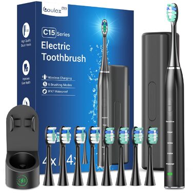 Електрична звукова зубна щітка для дорослих - відбілювання, ультразвукова, з кейсом для подорожей та зарядною станцією, 8 насадок, 5 режимів (Чорна)