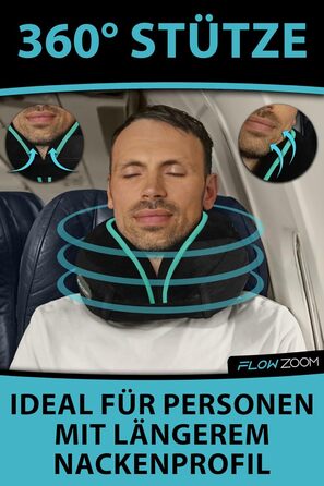 Подушка для шиї FLOWZOOM Comfy для подорожей: регульована, з memory foam, для автомобіля та літака, 360° підтримка, дихаючий чохол, з транспортним мішечком, сіра (Dream - чорна)