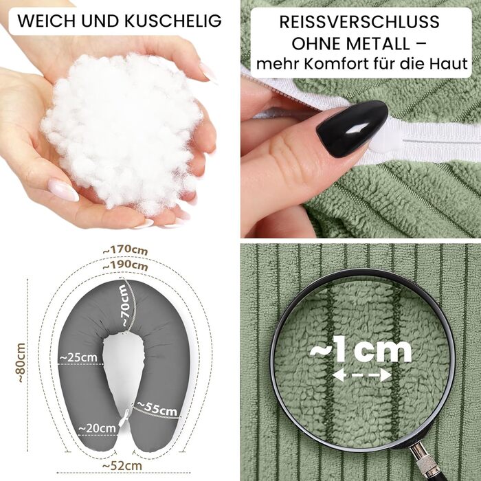 Подушка для годування Amilian Stillkissen XXL 170 см - для сну на боці, вагітності та годування - подушка для сну з наповнювачем та знімним чохлом (Blattpoesie)