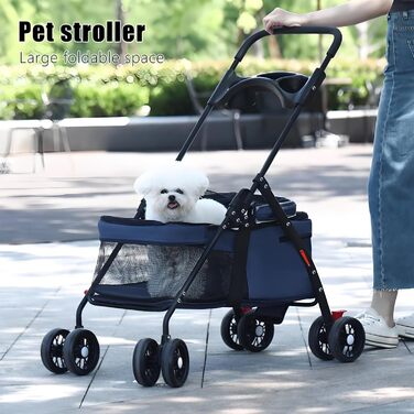 Foldable Pet Stroller for Small Dogs & Cats - 360° Swivel Wheels, Double Locking, Adjustable Canopy, Grey Mesh