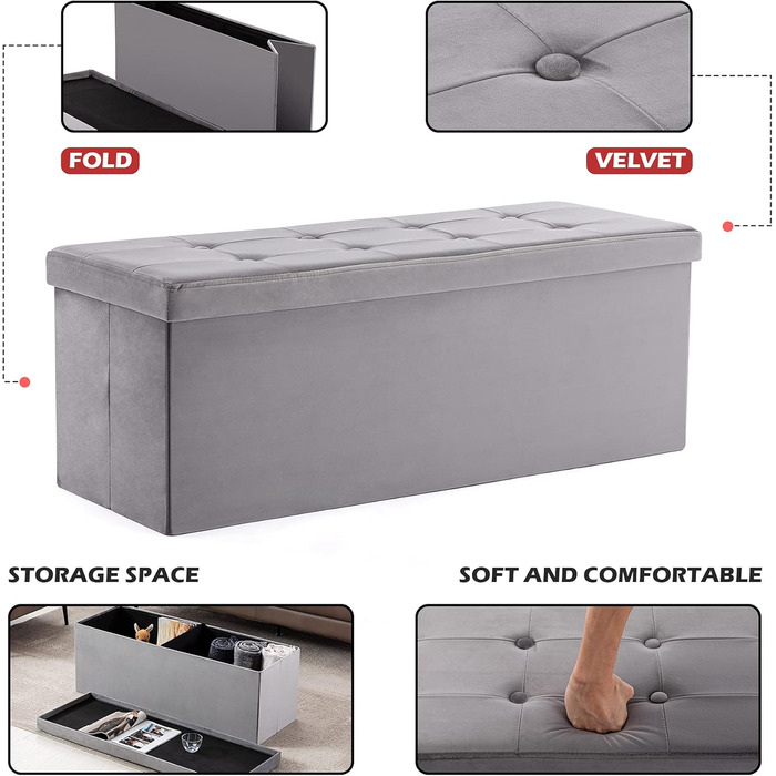Складана оксамитова банкетка HNNHOME 110×40×40 см, сіра, пуф-оттоманка з кришкою для зберігання іграшок, для вітальні й спальні, екстравелика