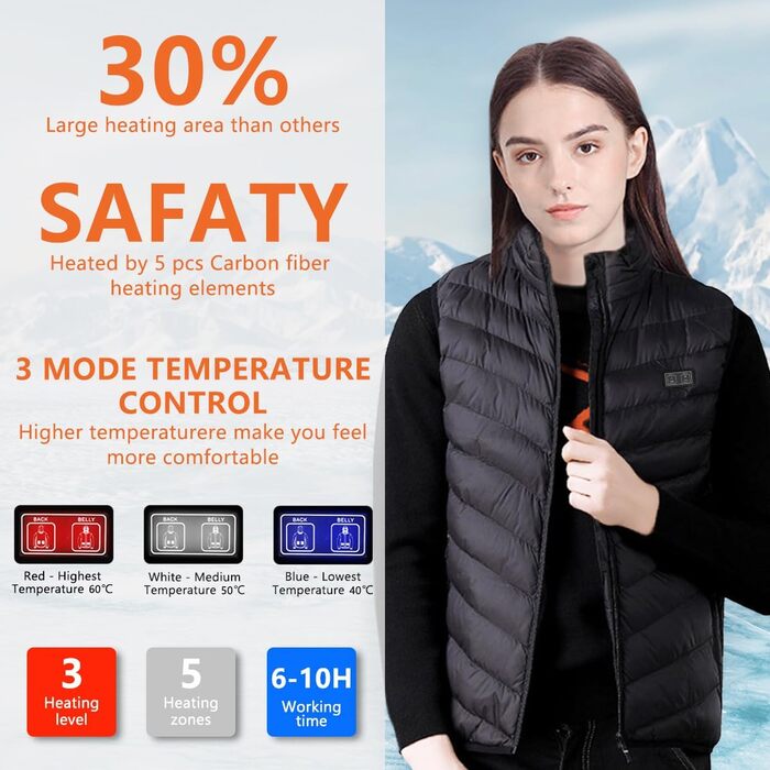 Обогревна жилетка для чоловіків та жінок з акумулятором 10000mAh, 5 нагрівальних зон, 3-рівневе регулювання температури, подвійне керування, для зимових активностей, XXL, чорний колір