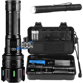 LED ліхтарик на акумуляторі, надзвичайно яскравий 1200000 люмен, з функцією зуму, тактичний, з 5 режимами світла, водонепроникний IP67, для кемпінгу, риболовлі, походів, активного відпочинку, чорний