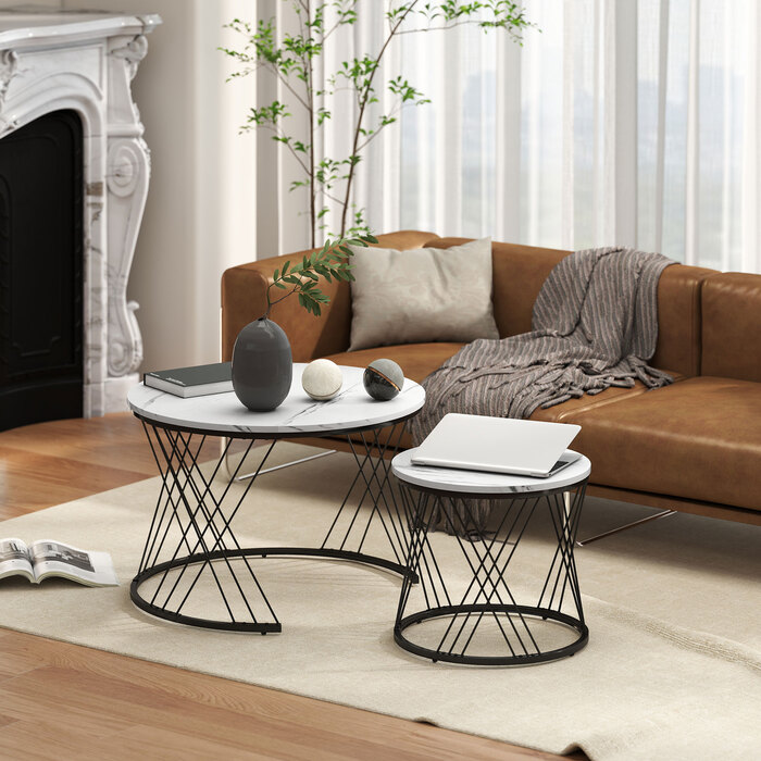 HOMCOM Set of 2 Round Coffee Tables with Marble Look - White