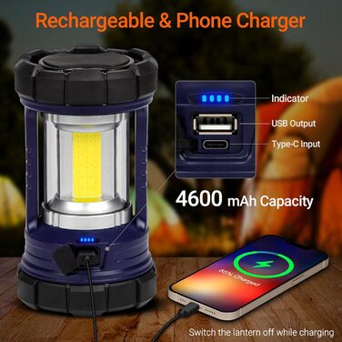 Camping Lantern, 3200LM Bright Camping Lights, 4600mAh Power Bank & Rechargeable LED Lantern, Dimmable Searchlight with 5 Light Modes Flashlight, Emergency Light for Power Outages (Navy blue)