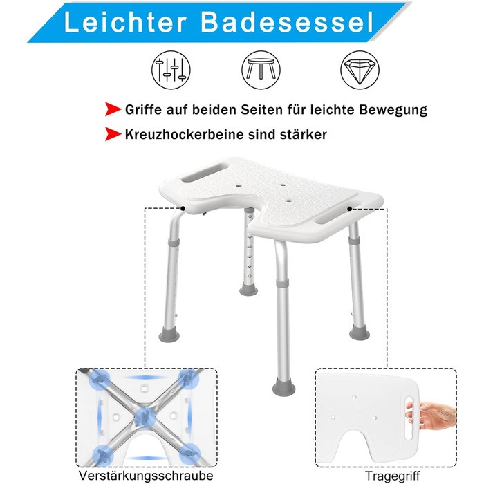 AUFUN Shower Stool, Adjustable Height 35-51cm, U-Shaped Shower Stool, Anti-Slip Bath Seat, Shower Aid, Shower Seat Made of Aluminum and Plastic for Elderly, Pregnant Women (U-Shaped Shower Stool)