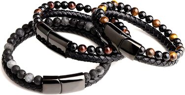 Браслет чоловічий з натурального каменю 6 мм та шкіри, магнітний замок, коричневий