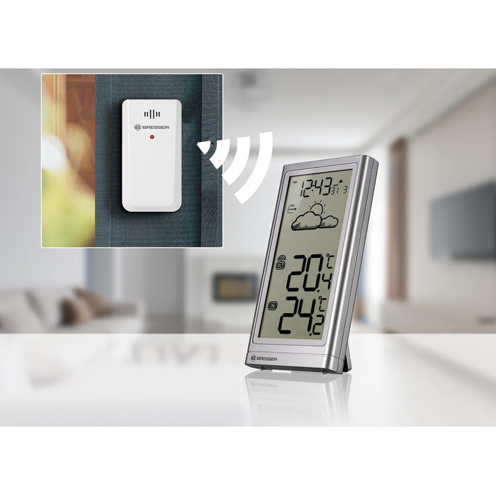 Метеостанція Bresser Meteo Temp з датчиком температури (вуличний/кімнатний), прогнозом погоди, підставкою та кріпленням на стіну, срібляста