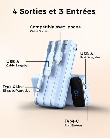 Power Bank Enerwow 27000mAh з USB-C кабелем, 4 порти, LED-дисплей, для iPhone та інших пристроїв (P300C, Синій)