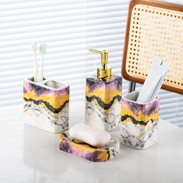 Набір аксесуарів для ванної кімнати (4 шт) – білий набір з дозатором для лосьйону, тримачем для зубних щіток, склянкою та мильницею – глянсова поверхня (мармур, білий) (фіолетовий)