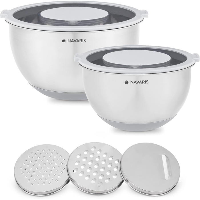Navaris Stainless Steel Bowl Set with Lid - 2x Mixing Bowls Salad Bowls - Includes 3x Graters - Stainless Steel Bowl Set in Grey