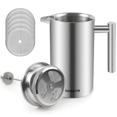 Френч-прес 1000 мл / 8 чашок, кавоварка з нержавіючої сталі, подвійні стінки, ізольована, з фільтром - 1 літр