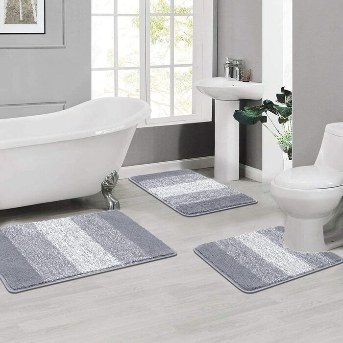 Enyhom 3-Piece Microfiber Bath Mat Set - Non-Slip Bathroom Rugs & Toilet Mat Set - Soft & Washable - Grey - 45x65cm, 50x80cm, 50x60cm
